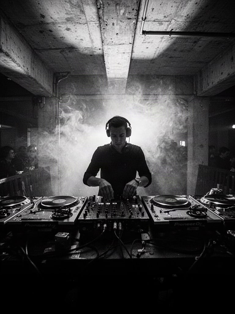 High-contrast black and white photo of a DJ playing at a club