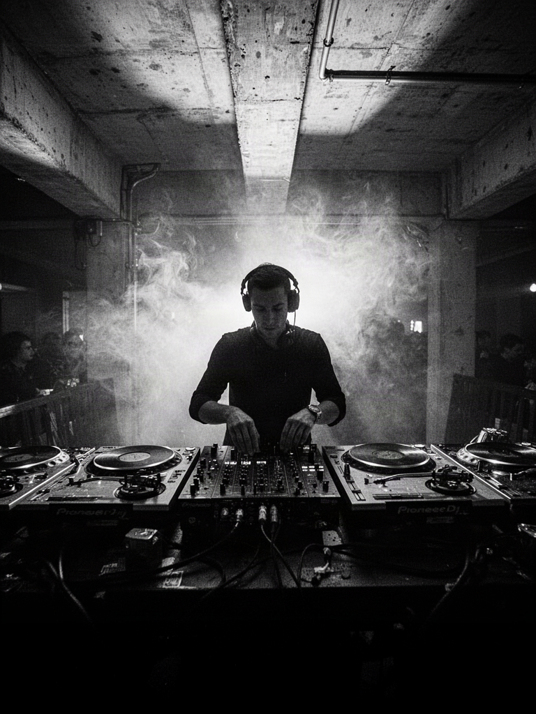 High-contrast black and white photo of a DJ playing at a club