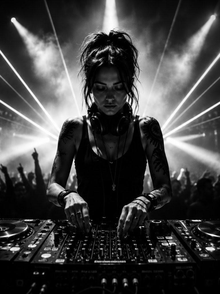 High-contrast black and white photo of a DJ playing at a club